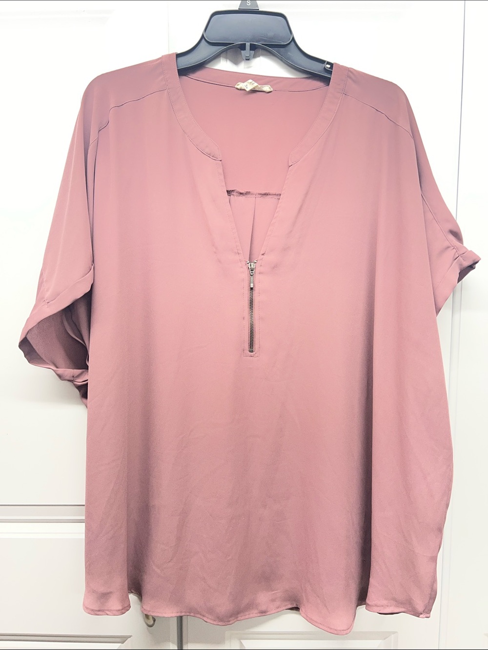 Maurices Mauve Pink Quarter Zip Short Sleeve Chiffon Blouse Top 3X